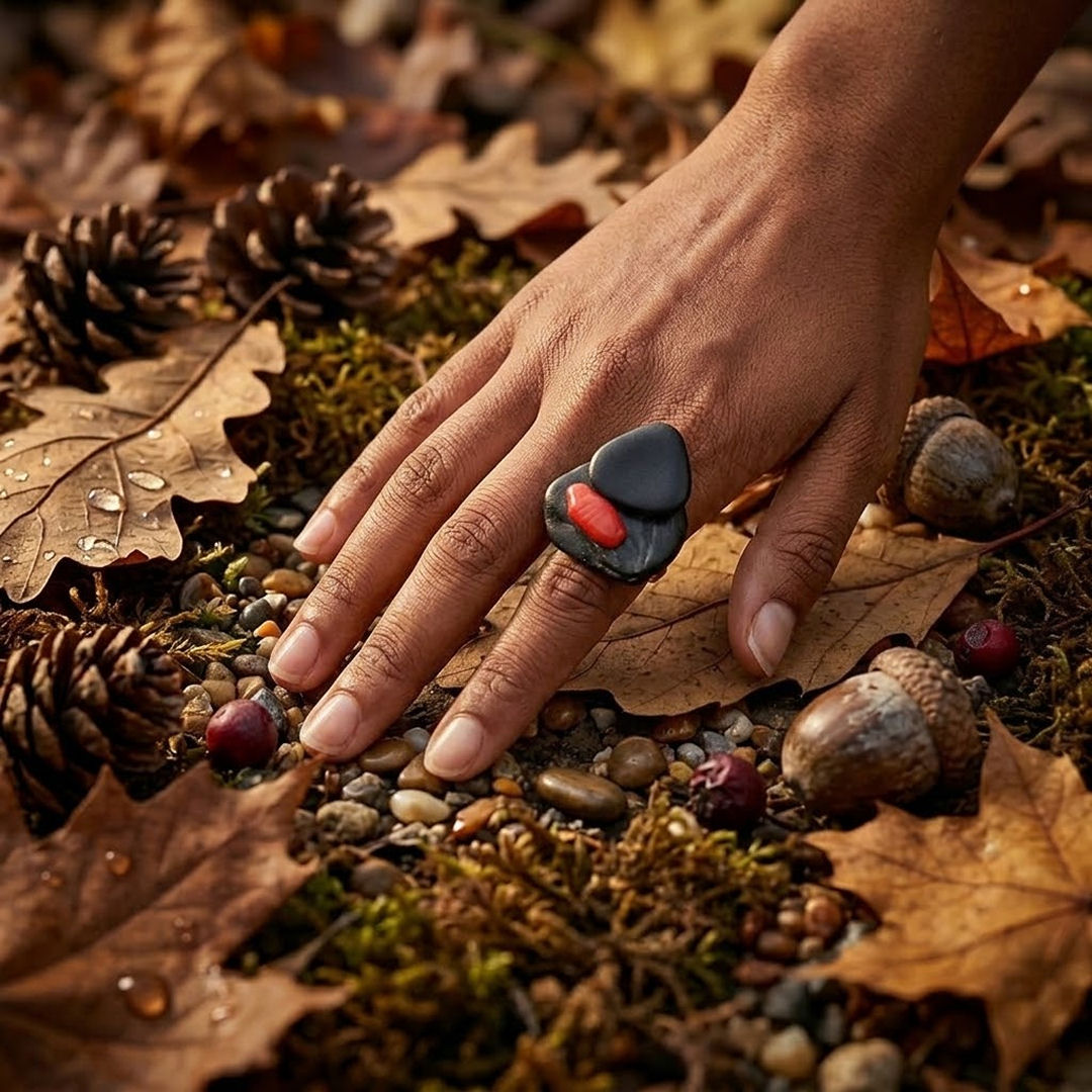 Anillo artesanal de acero inoxidable, piedras naturales y concha pintada a mano