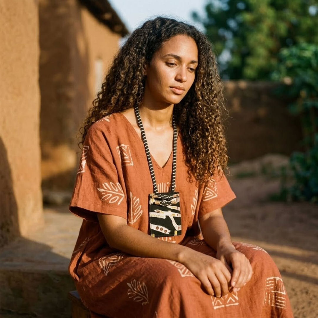 Collier artisanal boho-chic avec cordon rayé, textile et brindilles peintes à la main