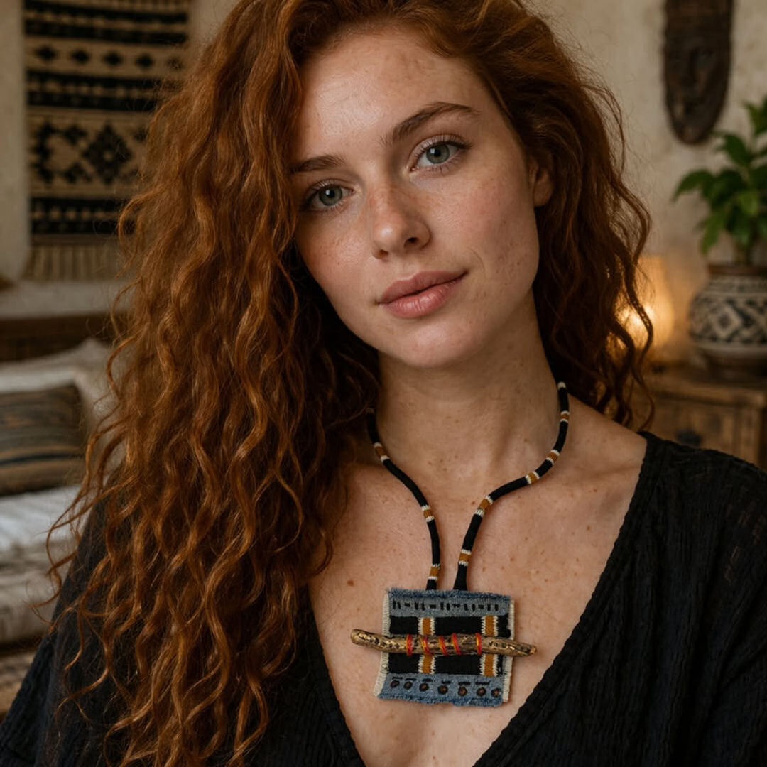Collar artesanal con tela étnica, denim azul reciclado y rama natural pintada a mano